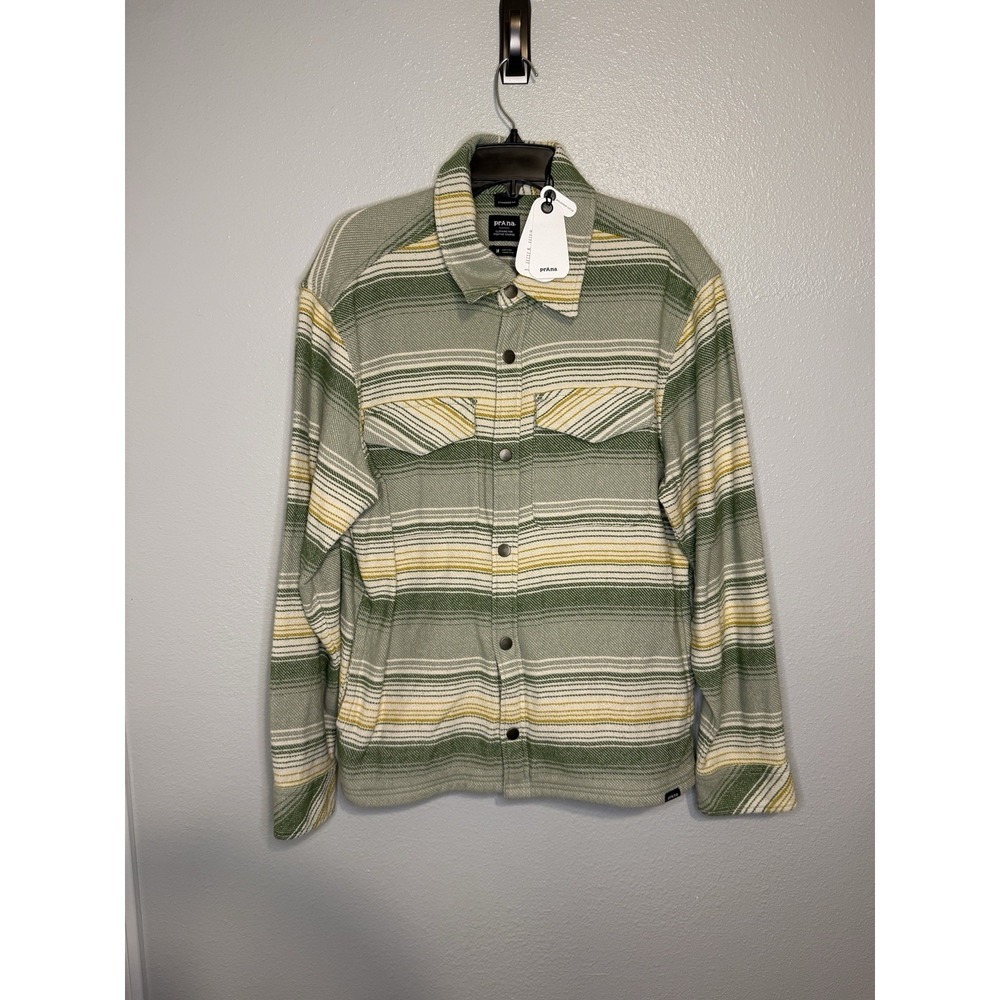 Prana Happy Camp Shirt Jacket Mens Medium Green Striped Long Sleeve Button Up